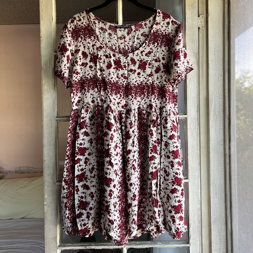 Brandy Melville Cotton Blend Short Sleeve Red Rose Printed Baby Doll Dress